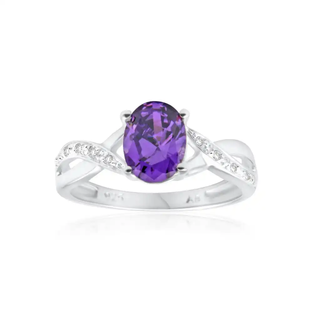 Sterling Silver Cubic Zirconia Purple Oval Ring