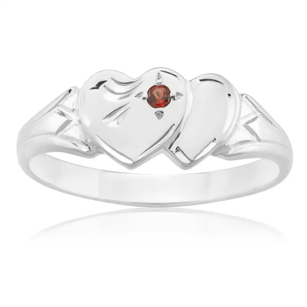 Sterling Silver Garnet 2Heart Signet Ring Size H