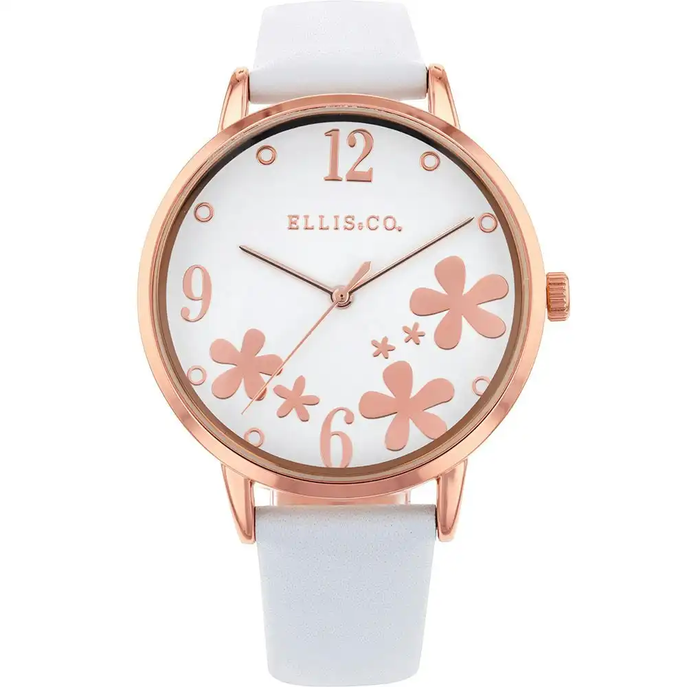 Ellis & Co 'Bloom' White Leather Flower Womens Watch