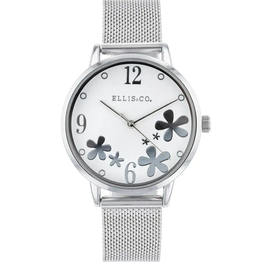 Ellis & Co 'Bloom' Silver Tone Stainless Steel Mesh Womens Watch