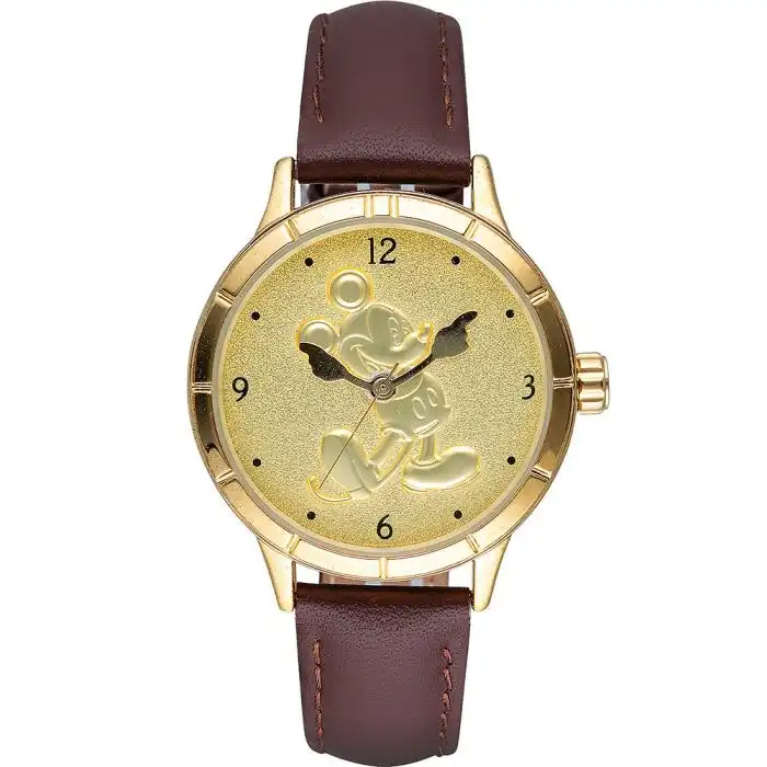 Disney Mickey Sculpted Dial Gold 31mm Brown Leather