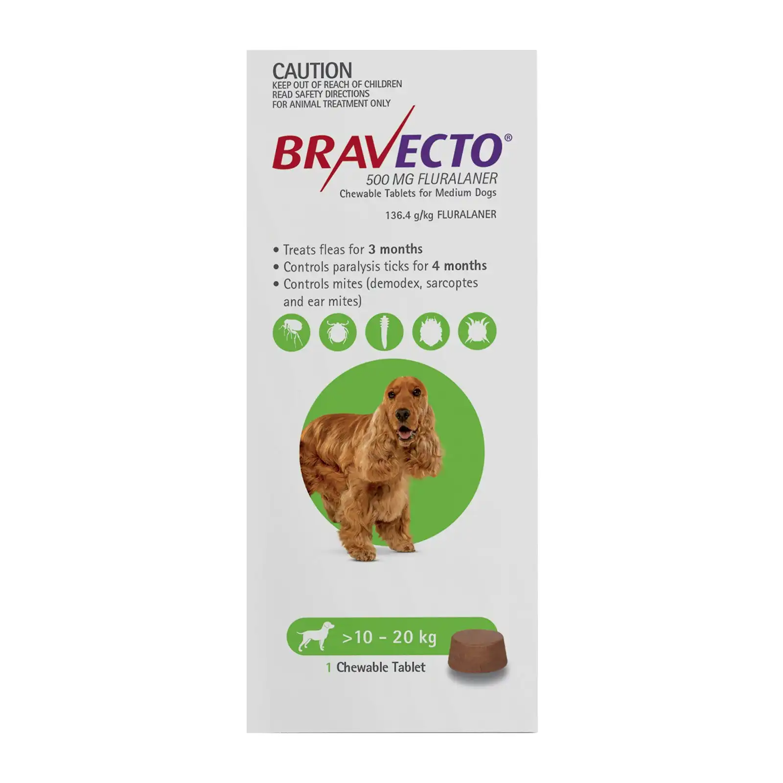 Bravecto For Medium Dogs 10-20Kg (Green) 2 Chews
