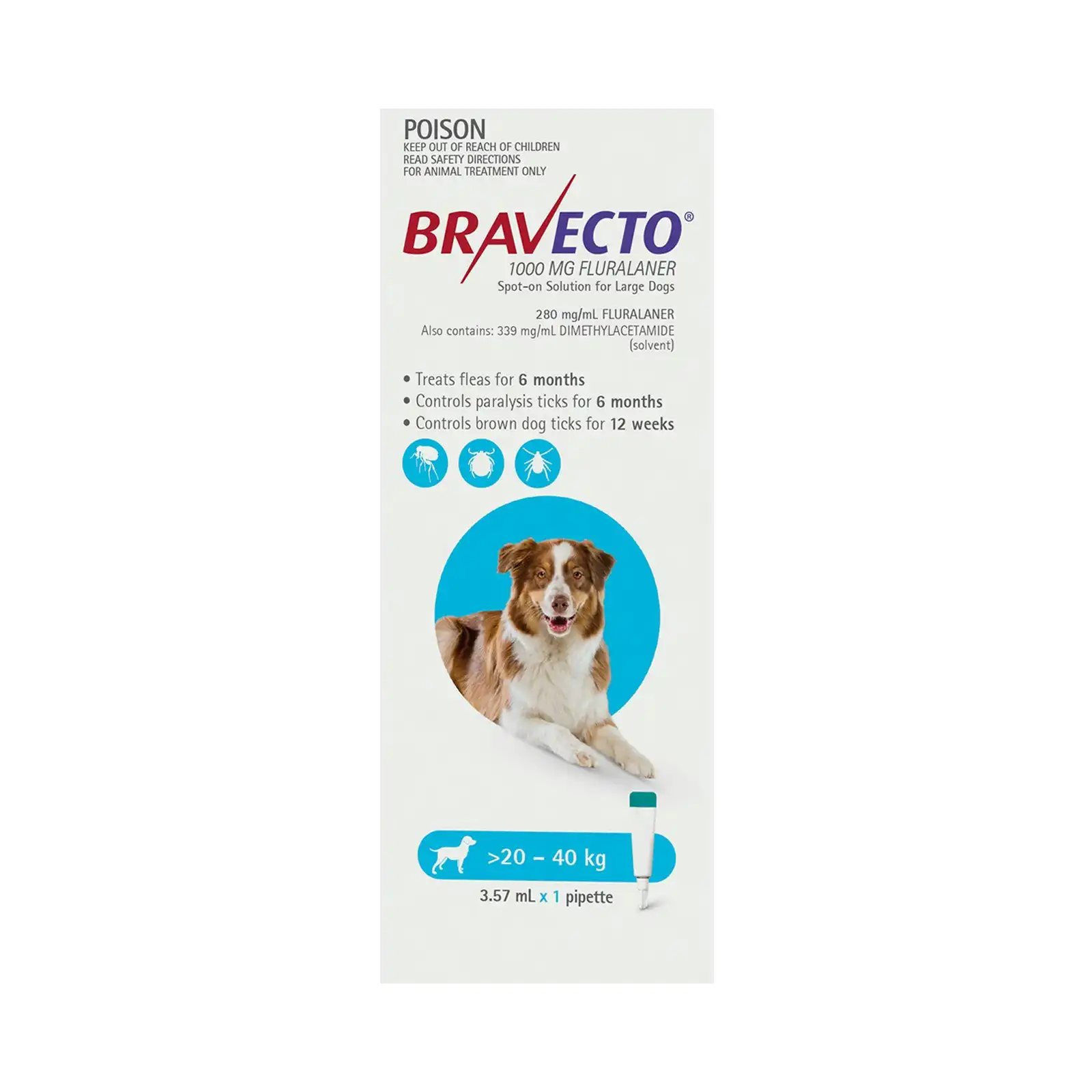 Bravecto Spot On For Large Dogs 20-40kg (Aqua/Blue) 2 Pipettes