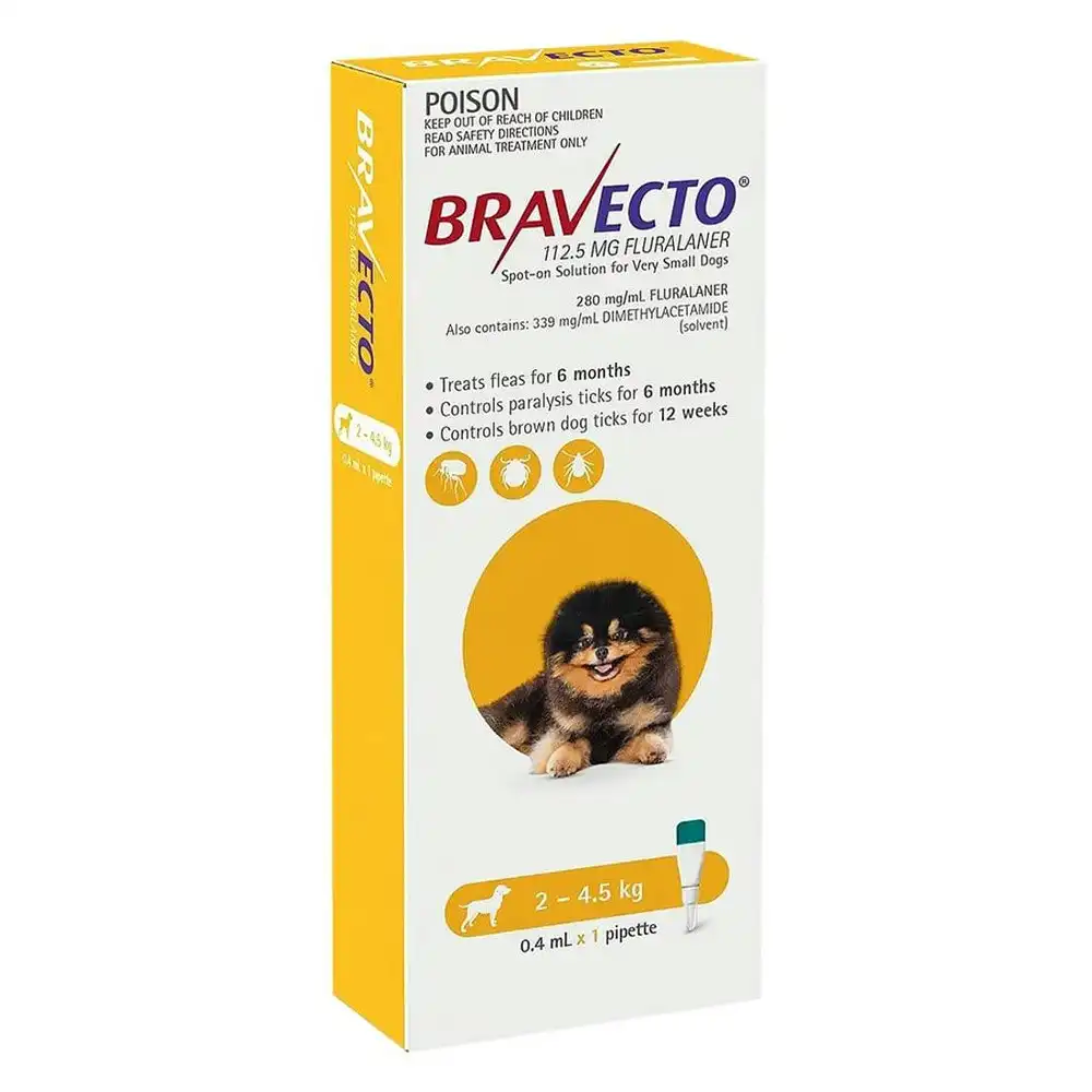 Bravecto Spot On For Toy Dogs 2-4.5Kg (Yellow) 2 Pipettes