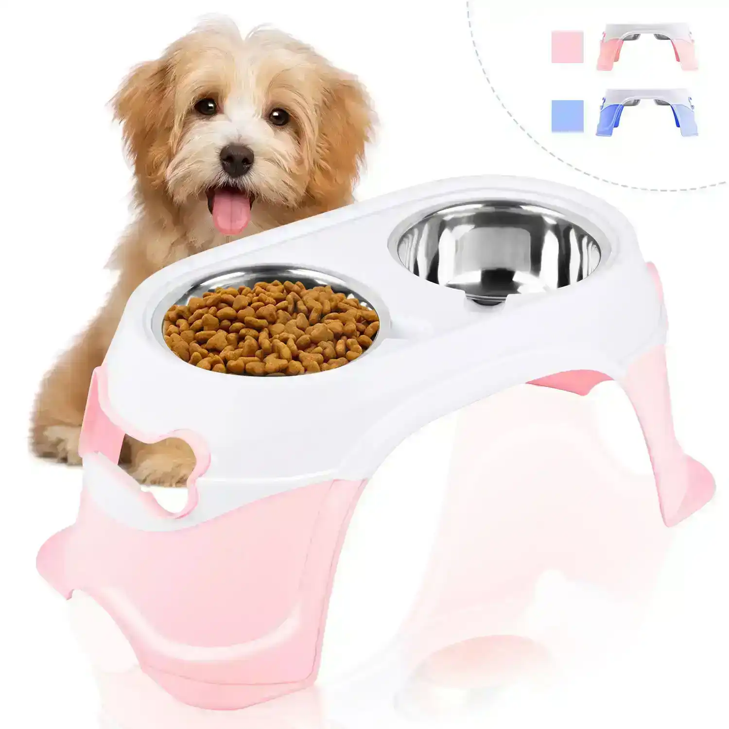 Elevated Raised Pet Dog Feeder Bowl Stainless Steel Food Water Stand+ 2pcs  Bowls