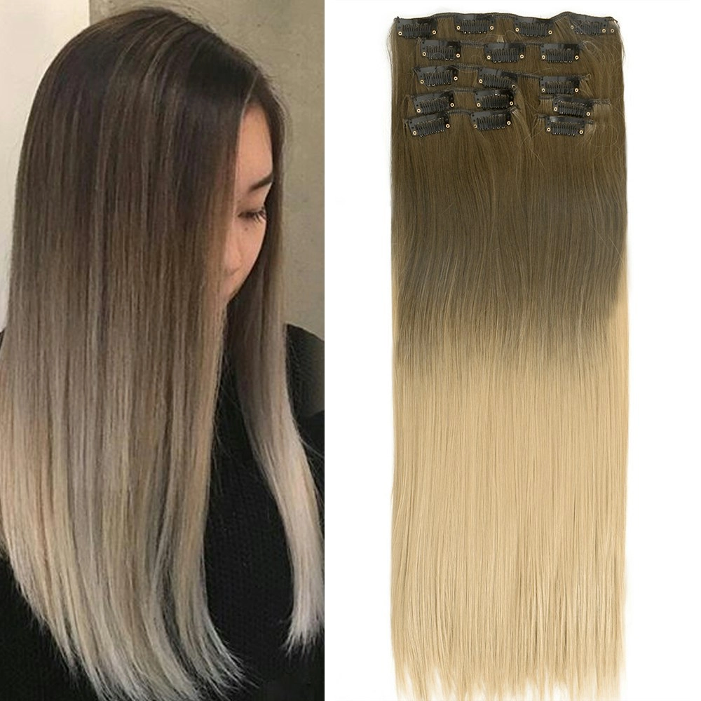 22" Two Tone Ombre Brown Blonde Synthetic Hair Straight 7Piece 16Clips 01