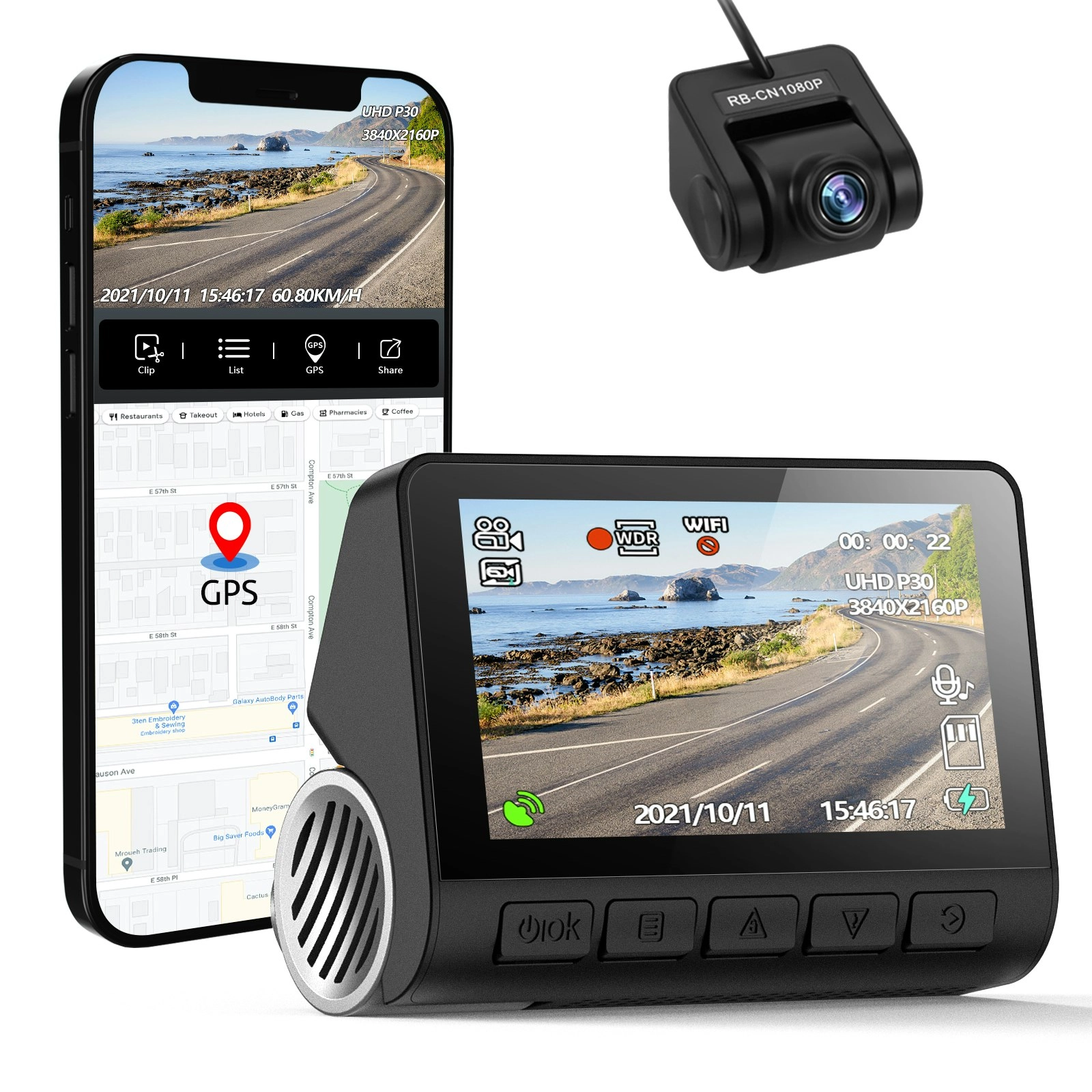 4K UHD In Car DVR Crash Camera Recorder Built In GPS WiFi 3" IPS LCD Front Rear Cam