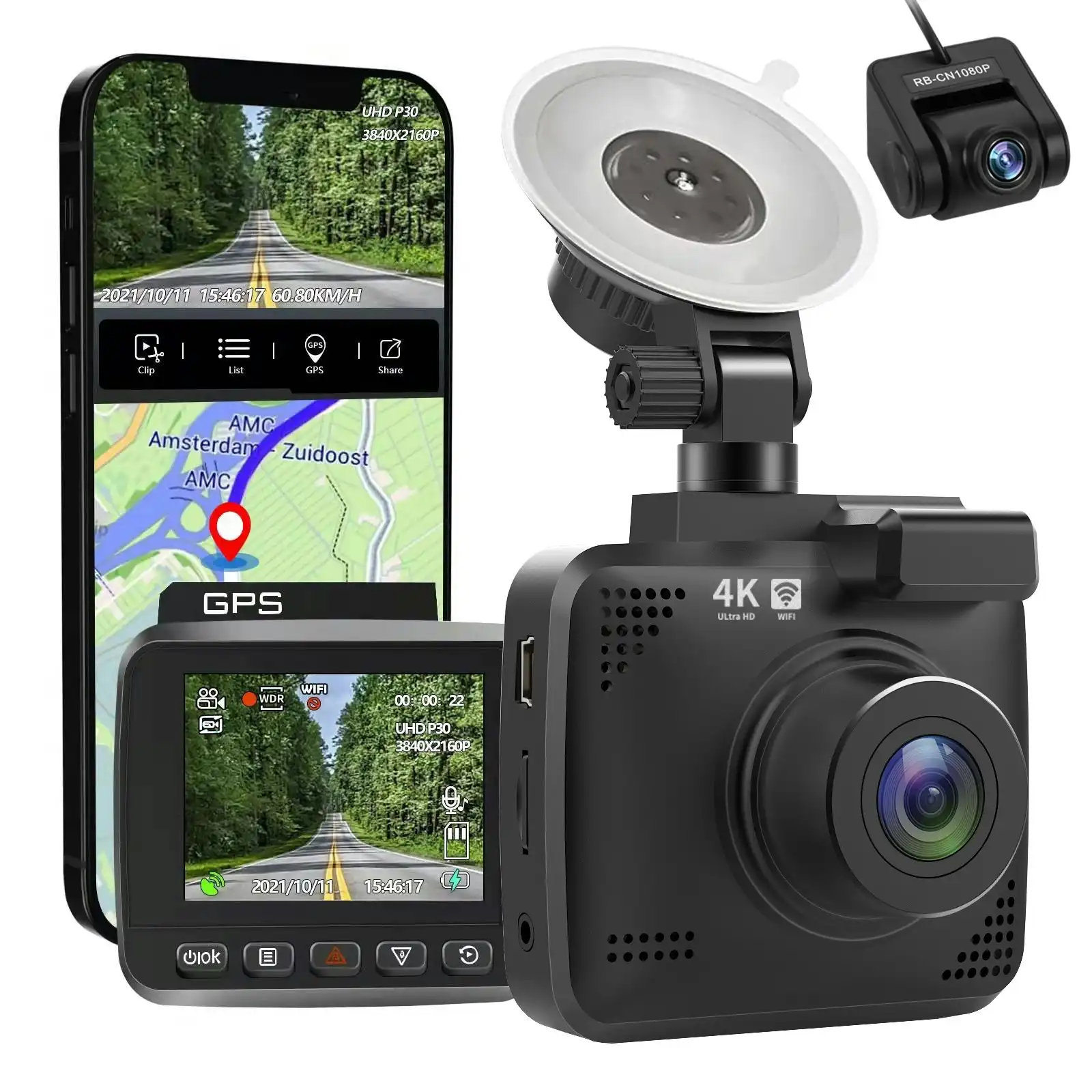 4K UHD In Car DVR Crash Camera Recorder WiFi GPS Built In 2" IPS LCD Front Rear Cam