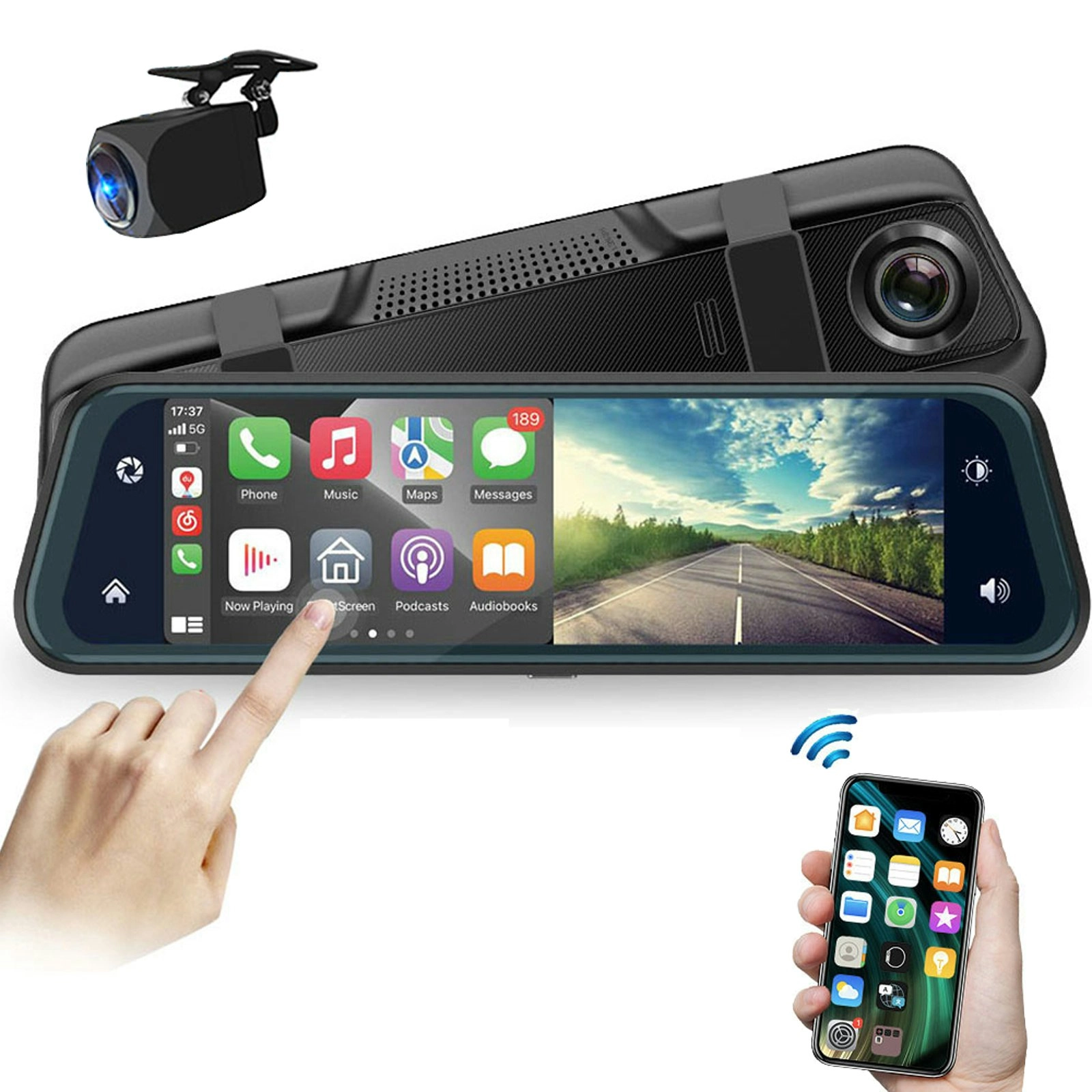 9.66" FHD Touch Screen Car DVR Crash Camera Recorder Bluetooth Sync WiFi GPS Rear Camera