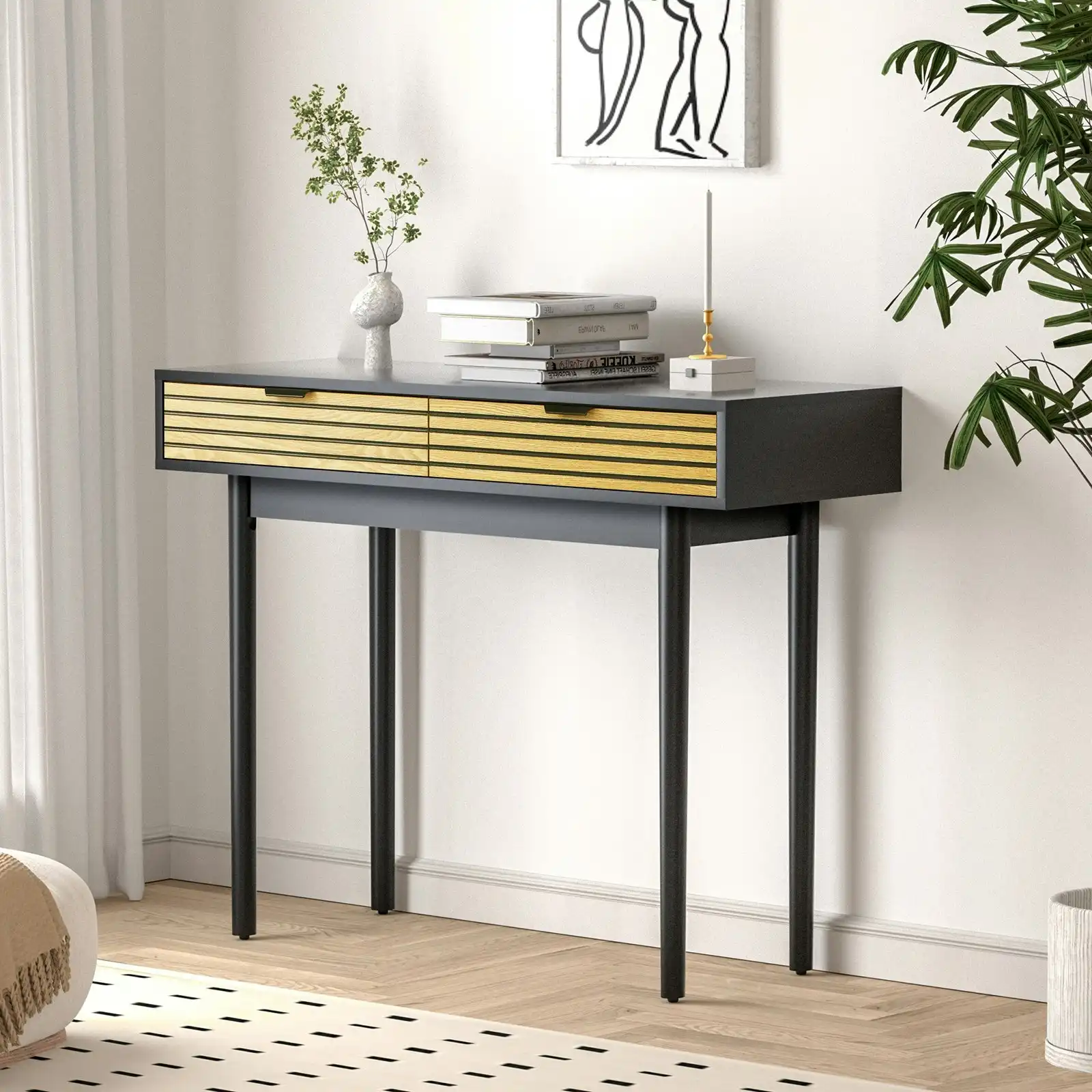 Oikiture Console Table Entry Hallway Side Table Display Desk w/Storage 2 Drawer Wood&Black