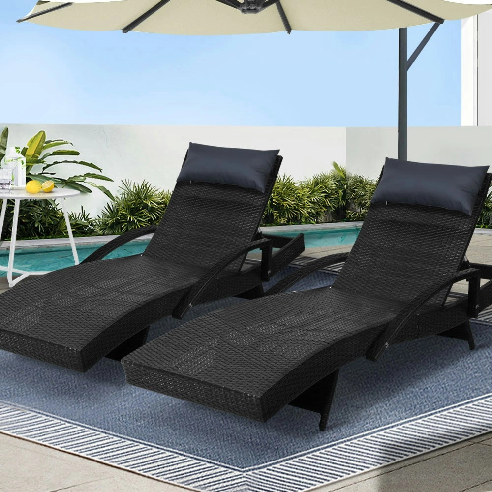 Gardeon 2x Sun Lounge Wicker Lounger Outdoor Furniture Beach Chair Armrest Adjustable Black