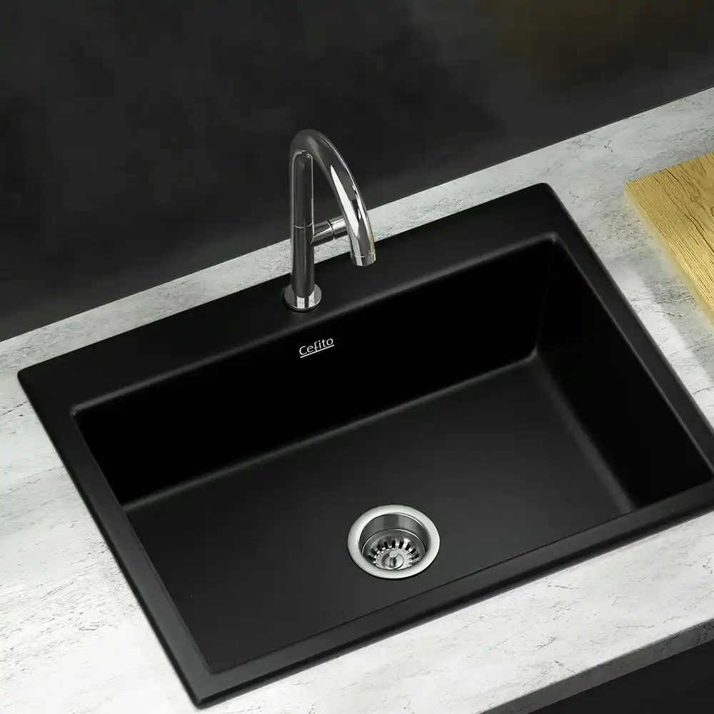 Cefito Kitchen Sink Stone Sink Granite Laundry Basin Single Bowl 60cmx47cm Black