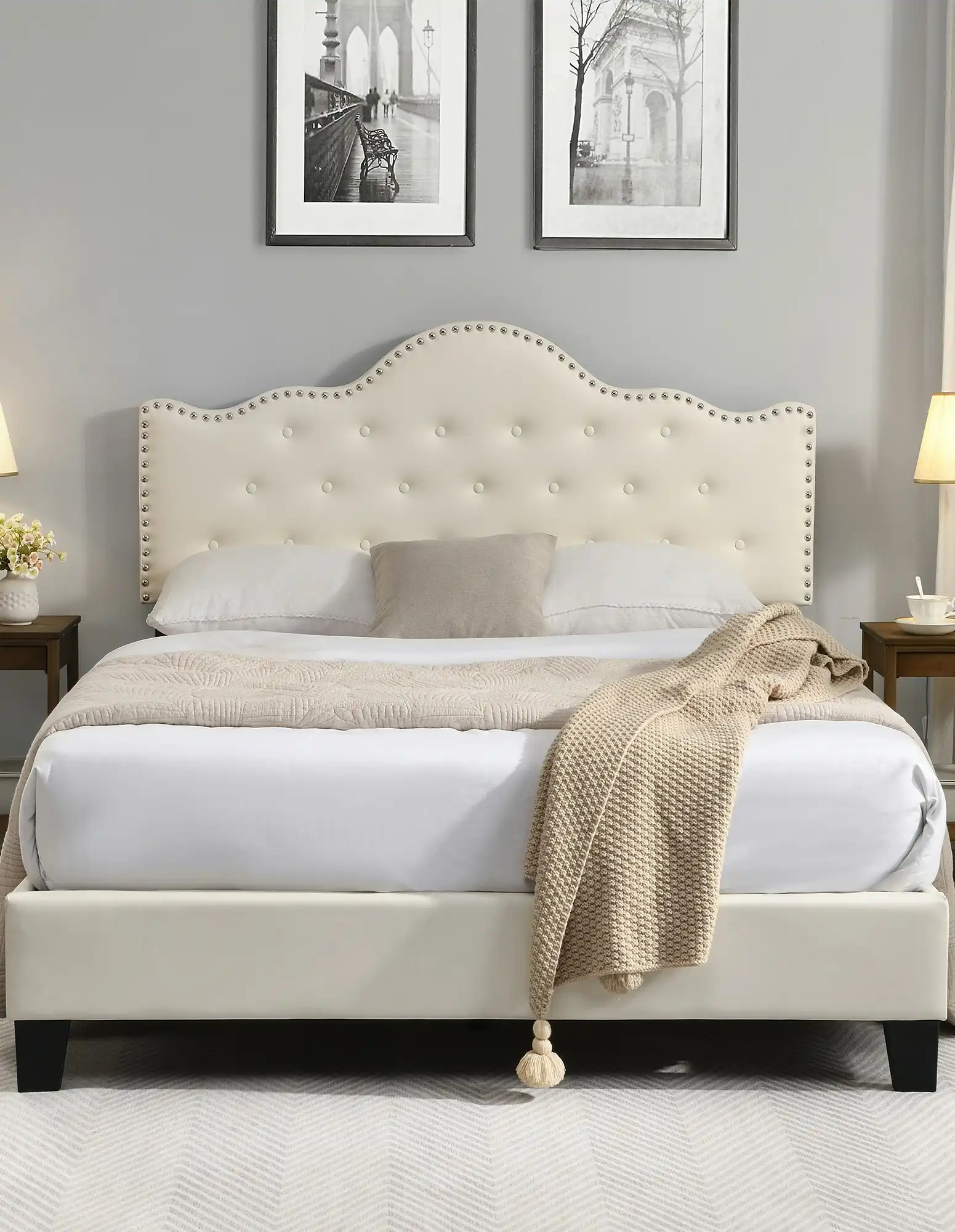 IHOMDEC Upholstered Button Tufted Queen Bed Frame BEF05 Beige