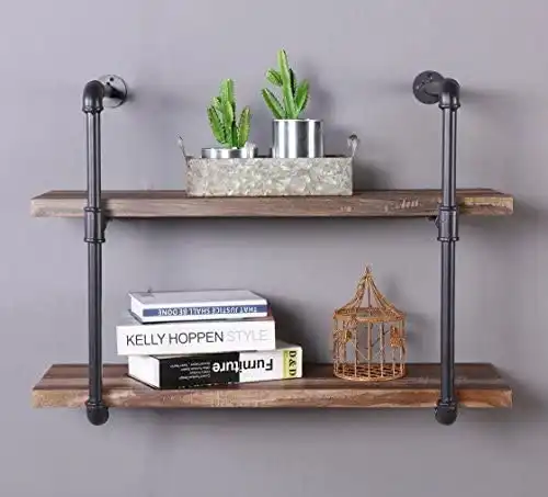 IHOMDEC 2 Tier Rustic Pipe Wall Shelving Unit Retro Brown