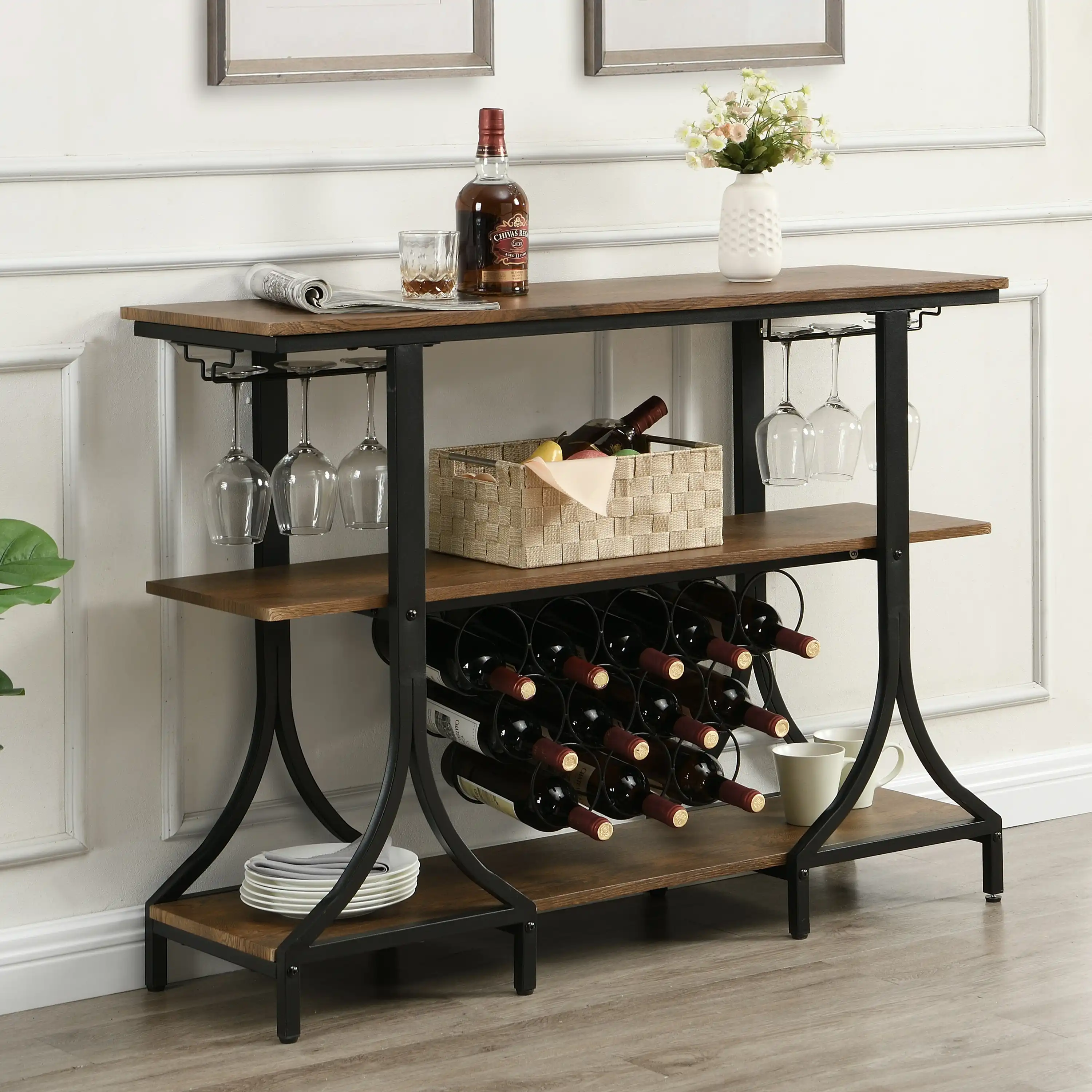 IHOMDEC 3-Tier Vintage Wine Rack with 15 Bottle Holder, Brown