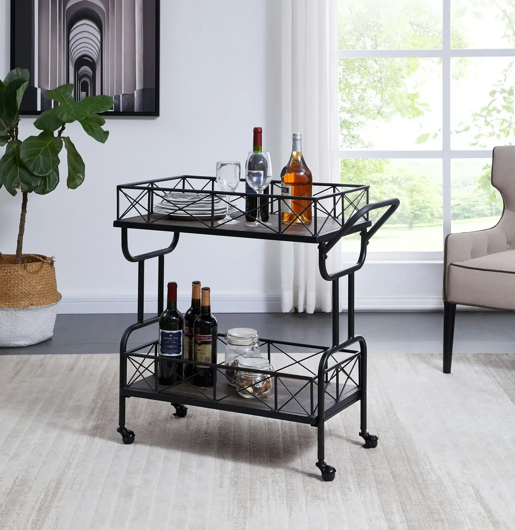 IHOMDEC Drink Trolley Wood and Metal Bar Carts Vintage Grey