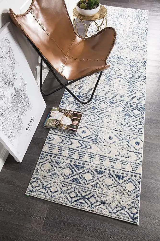 Rug Culture Oasis Ismail White Blue Rustic Runner Rug