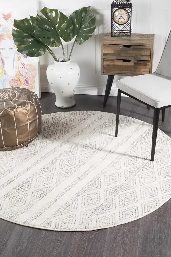 Rug Culture Oasis Salma White And Grey Tribal Round Rug