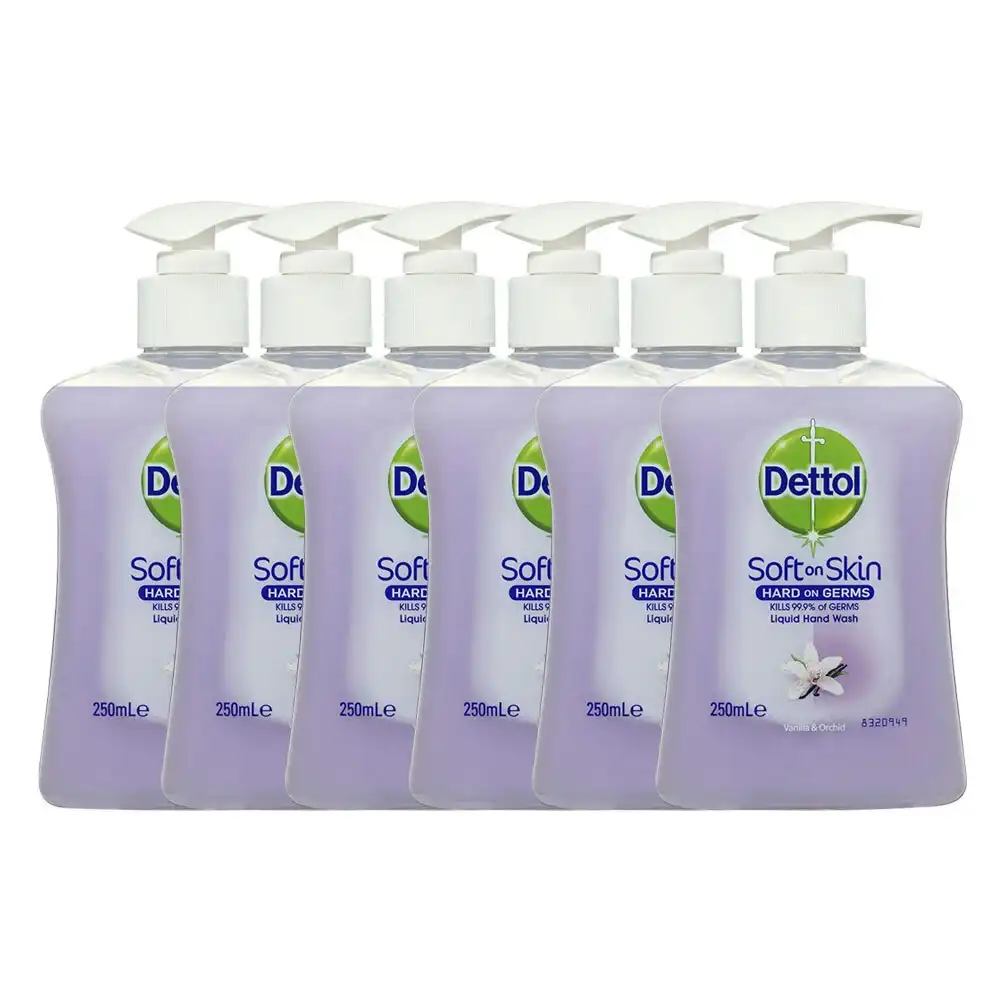 6x Dettol 250ml Liquid Soft on Skin Hand Wash Antibacterial Vanilla/Orchid Pump