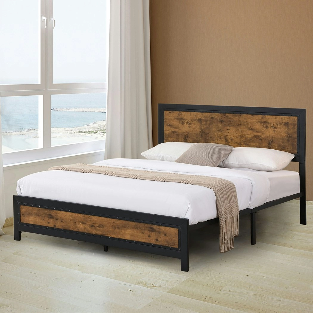 Levede Metal Bed Frame Mattress Base Platform Wooden Rivets Drawers Queen