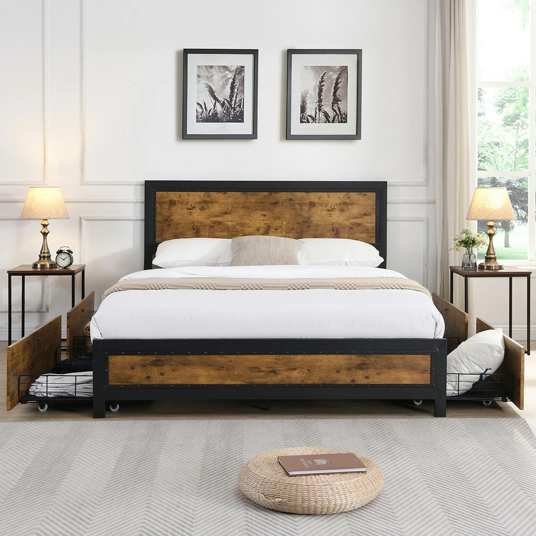 Levede Metal Bed Frame Double Mattress Base Platform Wooden 4 Storage Drawers