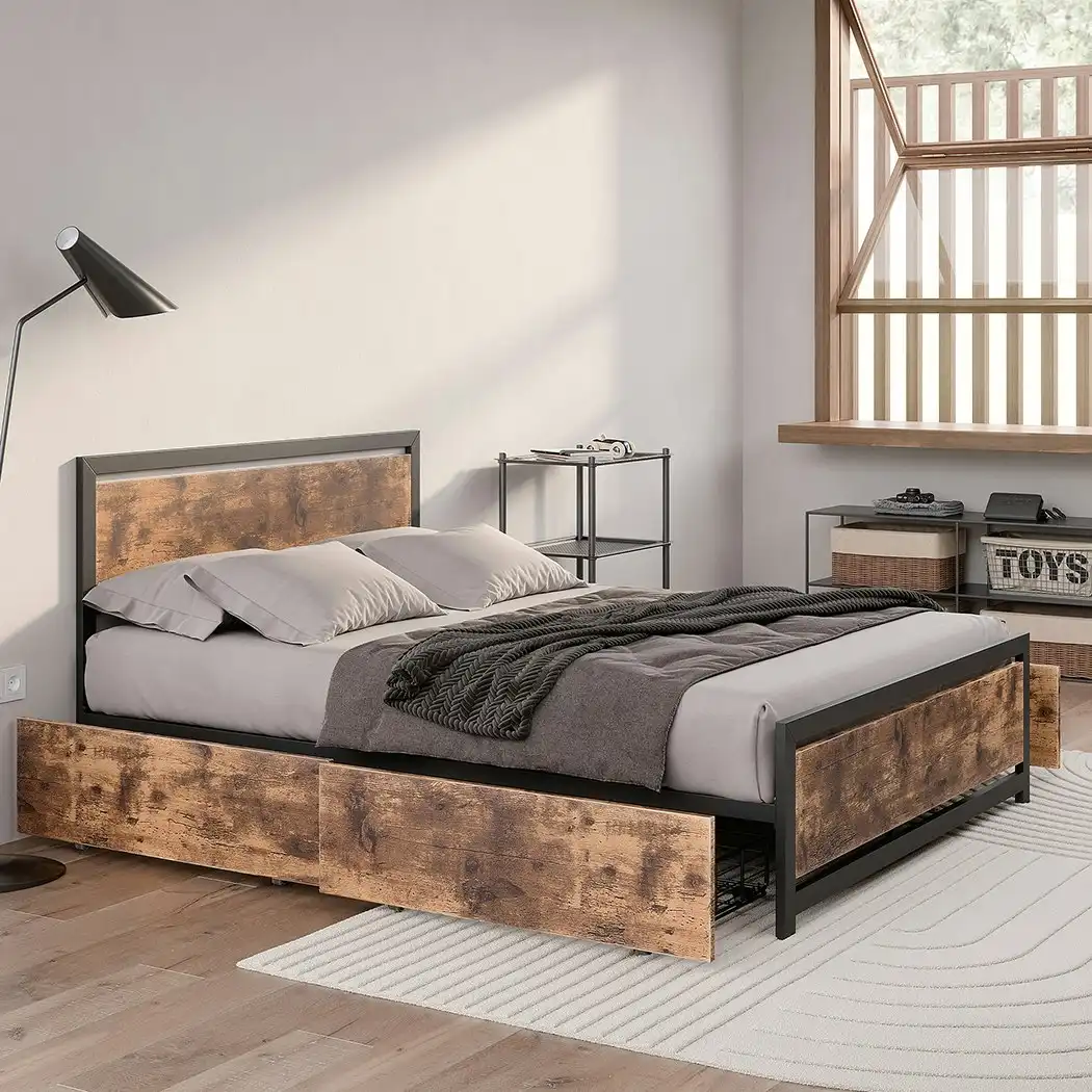 Levede Industrial Bed Frame Double Mattress Base Wooden 4 Storage Drawers