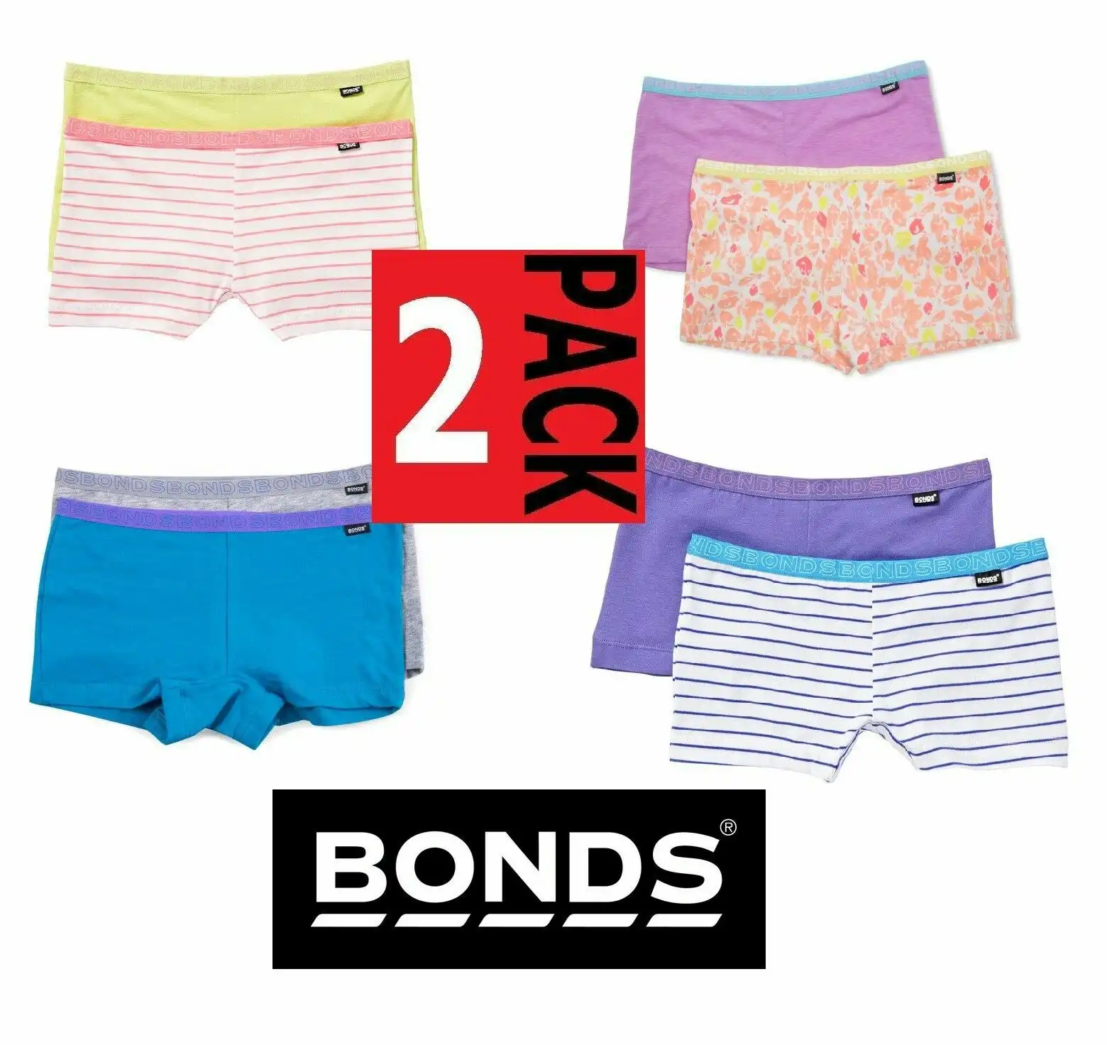 New Girls Kids Bonds 2 Pack Hipster Bikini Shorties Shorts Cotton Netball School