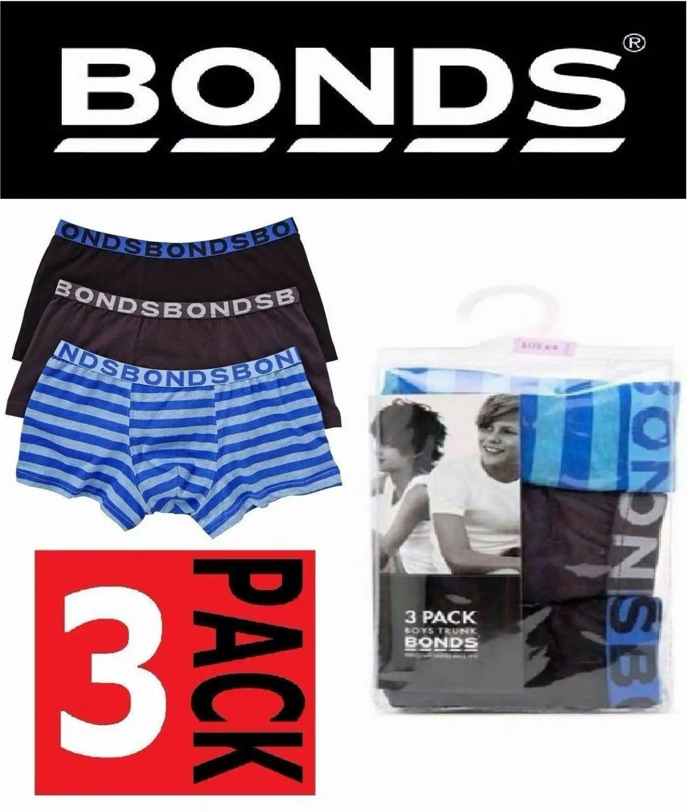 Boys Bonds Underwear 3 Pairs Trunks Trunk Boyleg Blue Black Grey Shorts