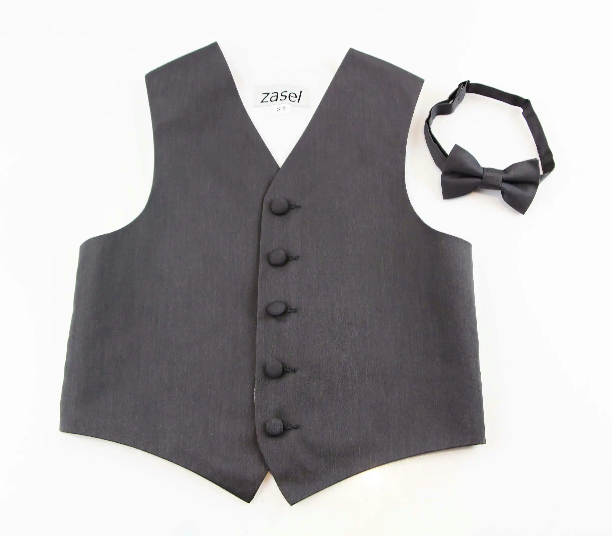 Dark Grey Boys Junior Cotton Vest Adjustable Waistcoast & Matching Bow Tie Set