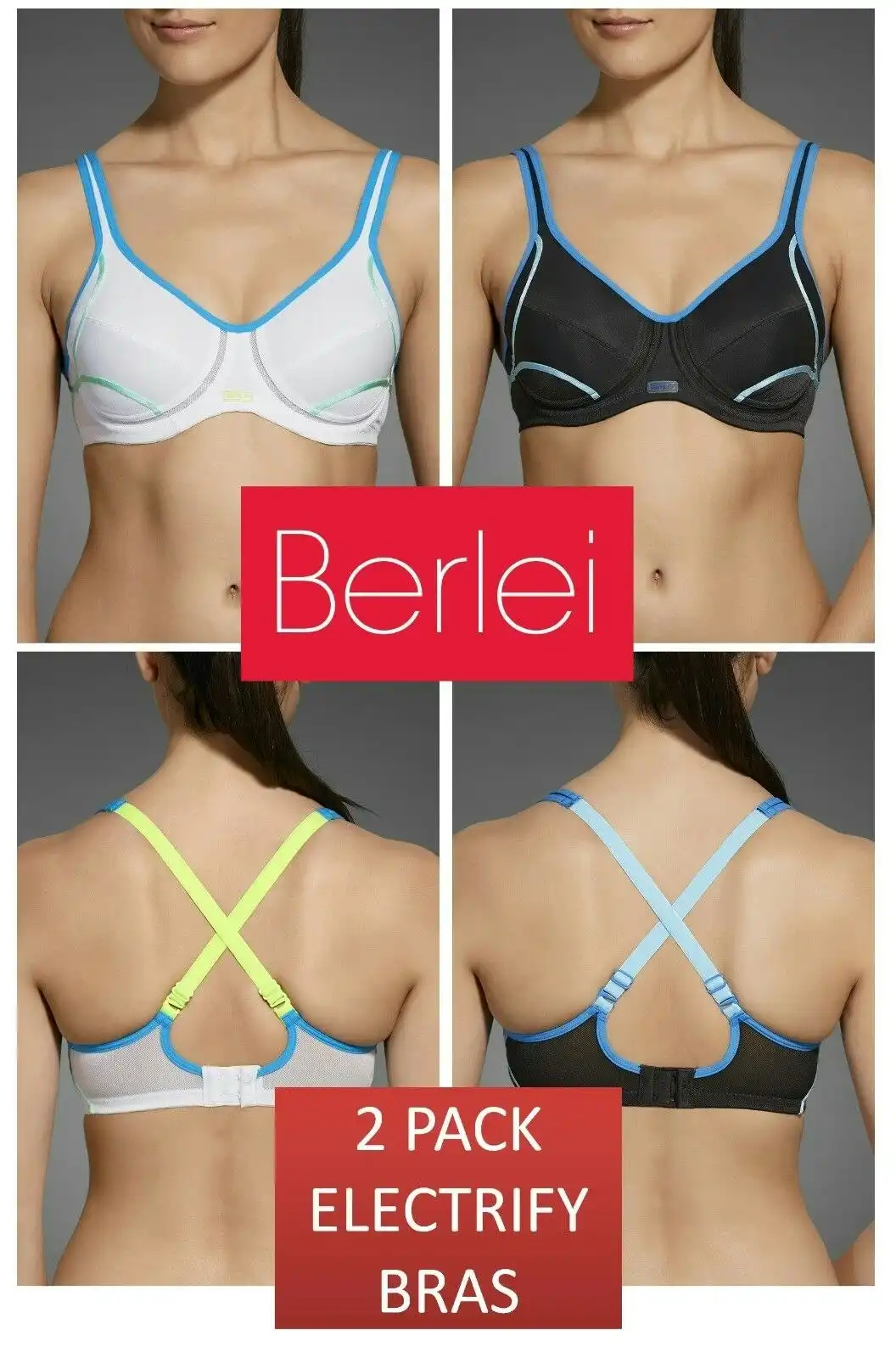 New 2 Pack Berlei Electrify Bra Underwire Sports Womens Ladies Gym Bras