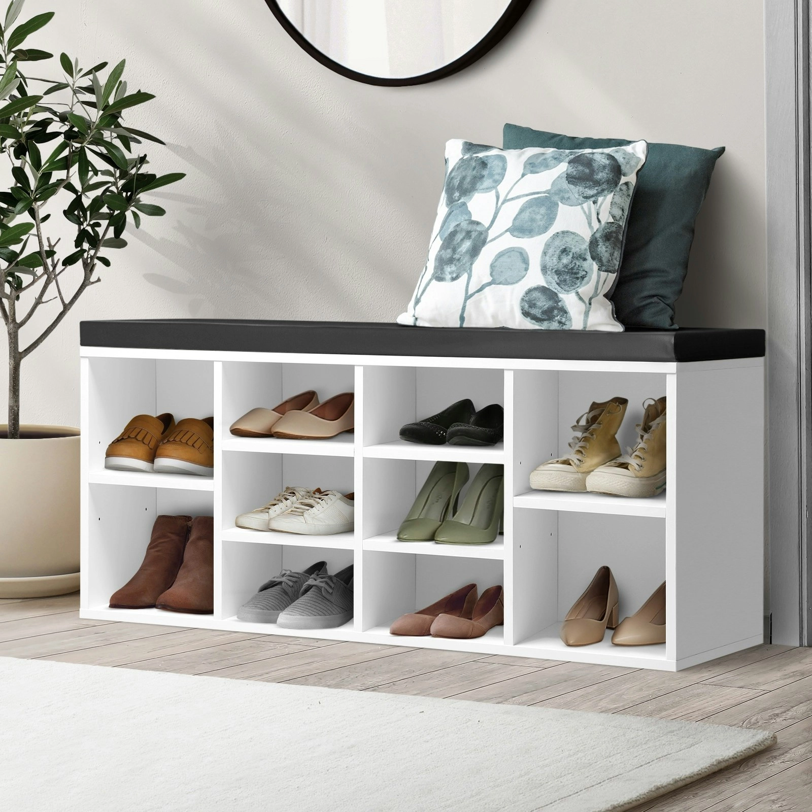 Oikiture Shoe Cabinet Bench Shoe Storage Rack PU Padded Seat Organiser Cupboard White&Black