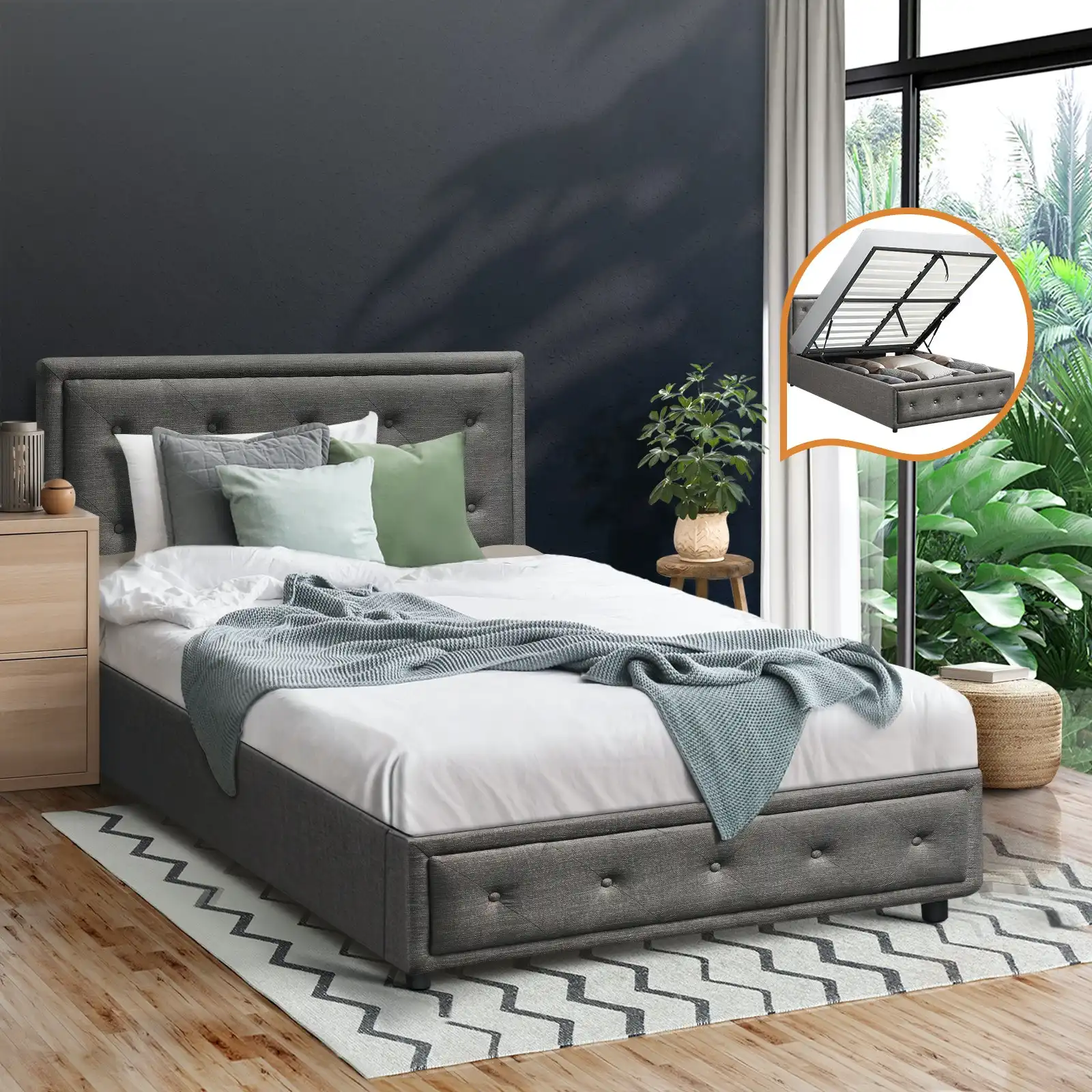 Oikiture Bed Frame King Single Size Gas Lift Base With Storage Grey Fabric Kamprads Oikos 1943 