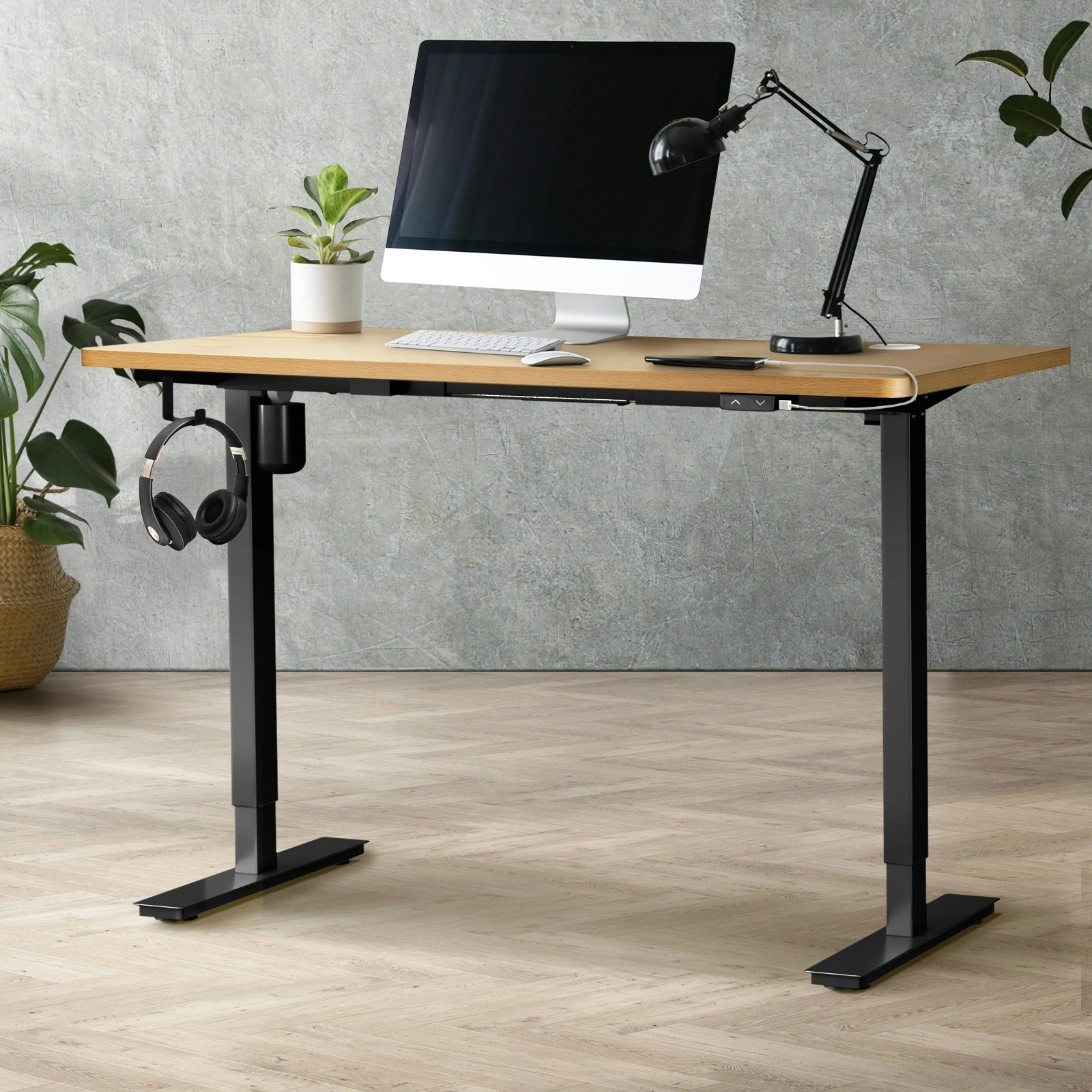 Oikiture 140cm Electric Standing Desk Single Motor Black Frame OAK Desktop