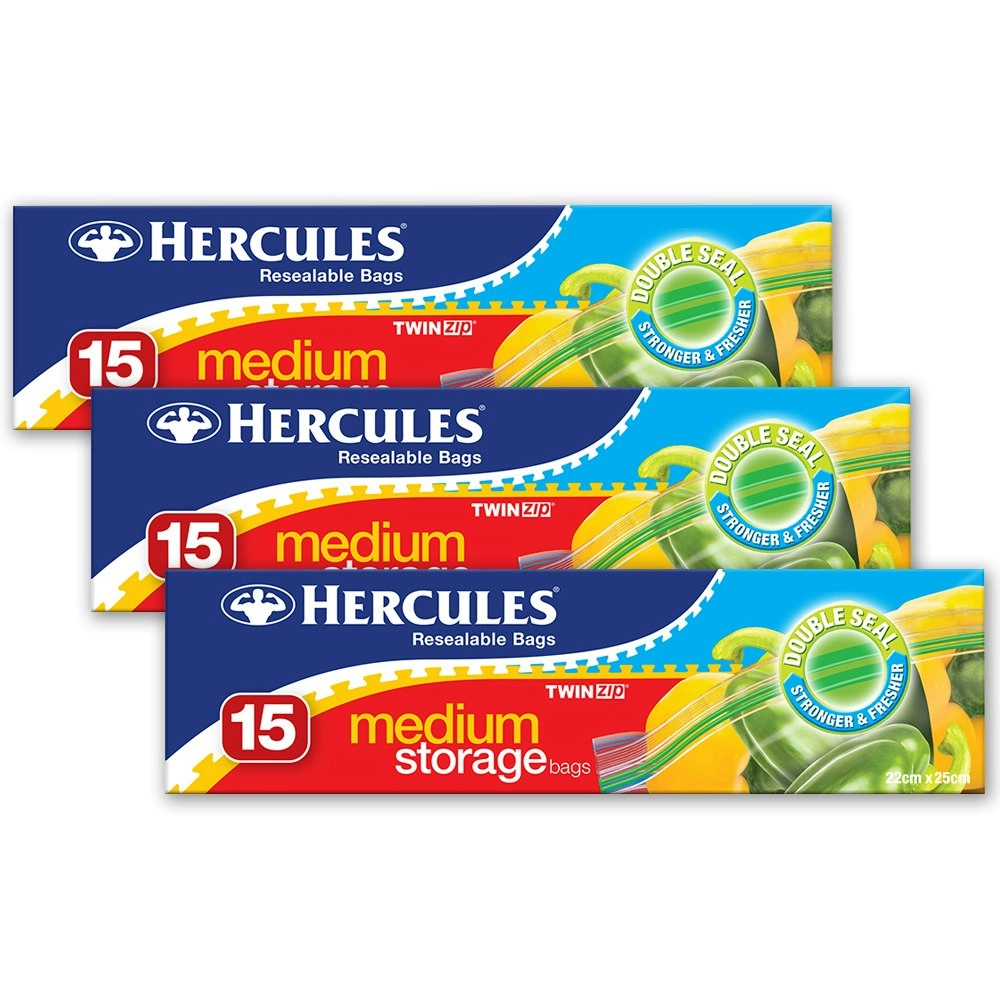 45pc Hercules Twin Zip Storage Bags Medium 22x25cm Resealable Food Seal Bag