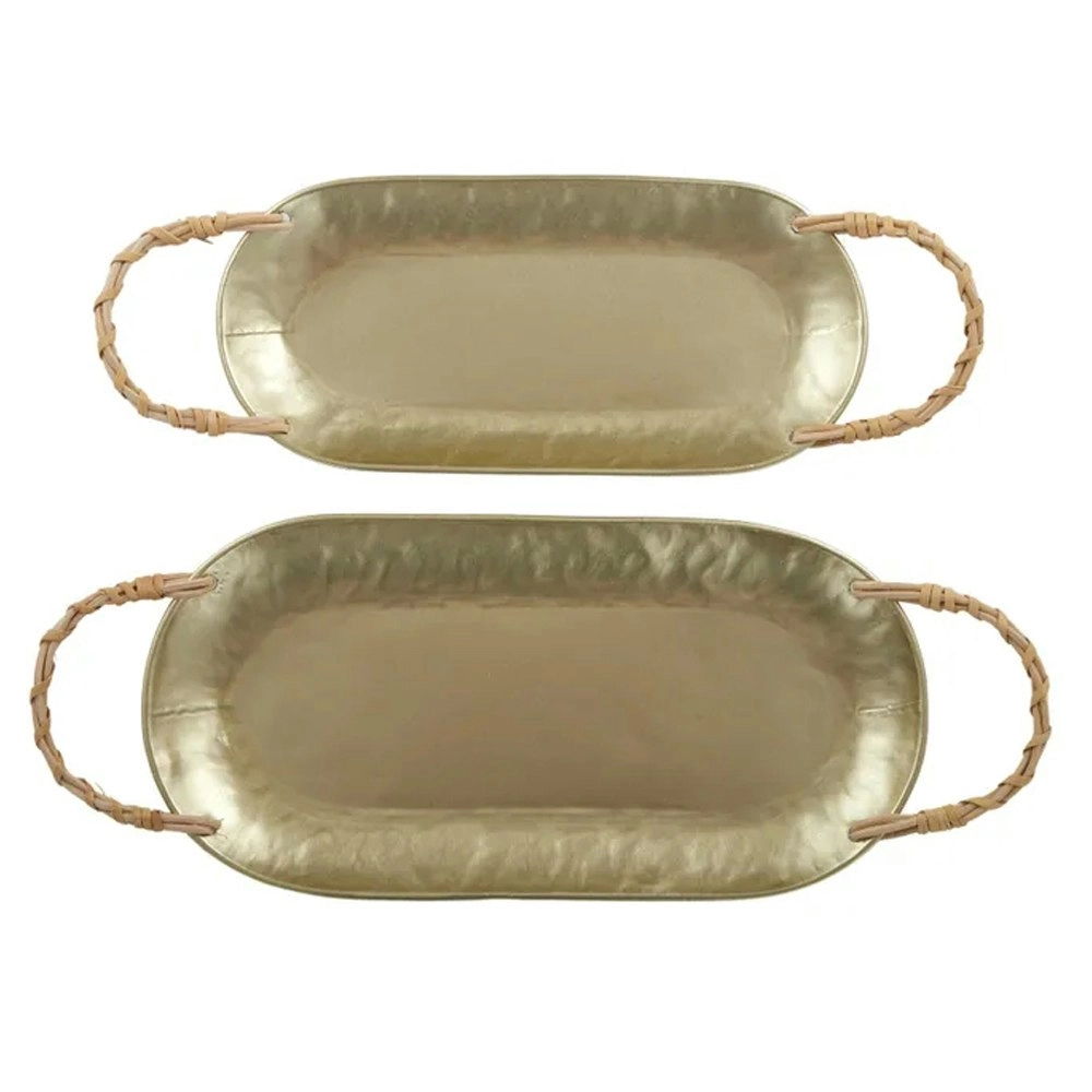 2pc Coast To Coast Home Talia Metal Serving Food Dish Tray w/Rattan Handles Gold