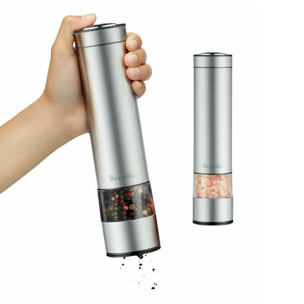 2pc Breville 23cm Electric Stainless Steel Salt & Pepper Grinders/Mill/Shaker