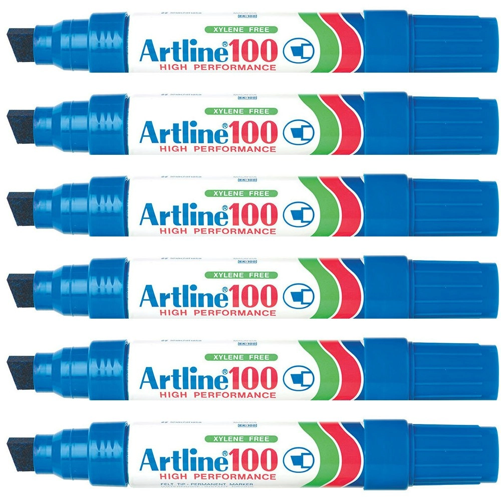 6pc Artline 100 Jumbo Permanent Chisel Whiteboard Writing 7.5-12mm Marker Blue