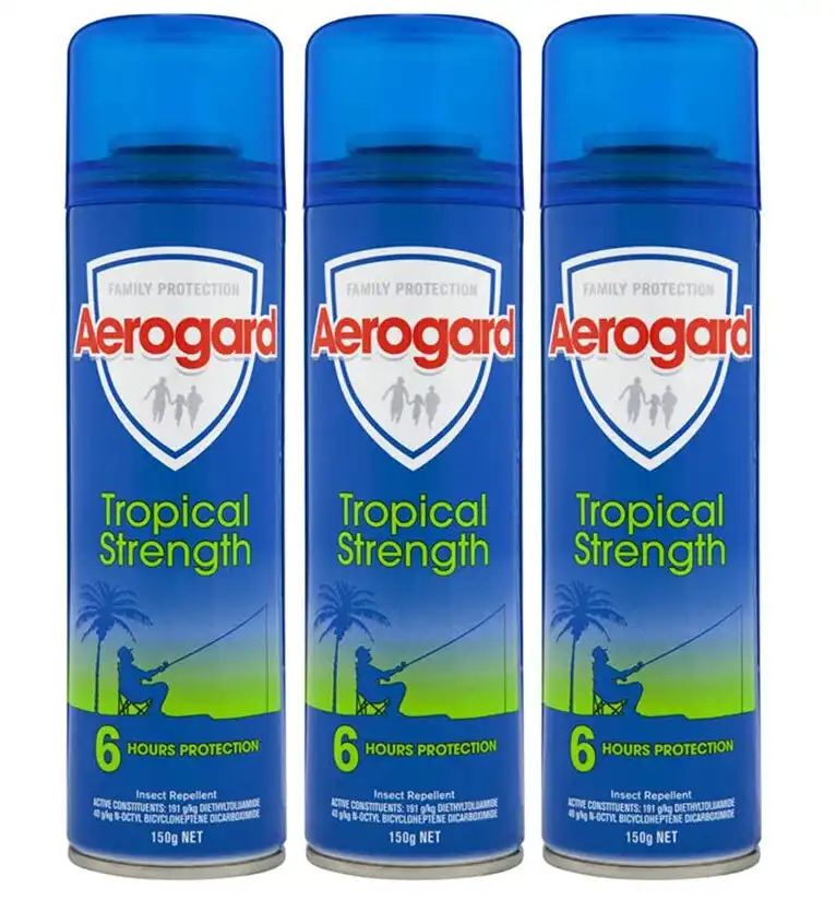 3x Aerogard 150g Tropical Strength Flies/Insect Repellant Spray 6h Protect Adult