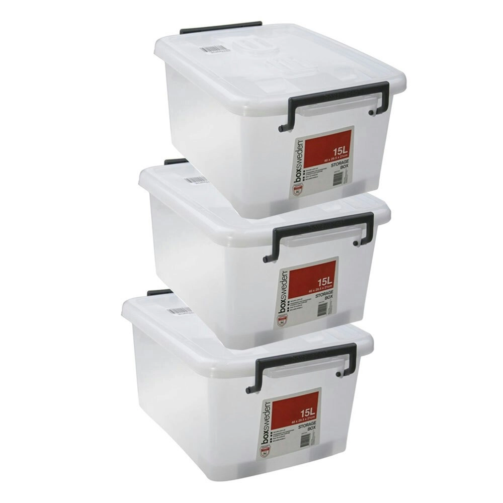 3x Boxsweden Heavy Duty 15L Storage 40cm w/ Lock Lid Container Organiser Case