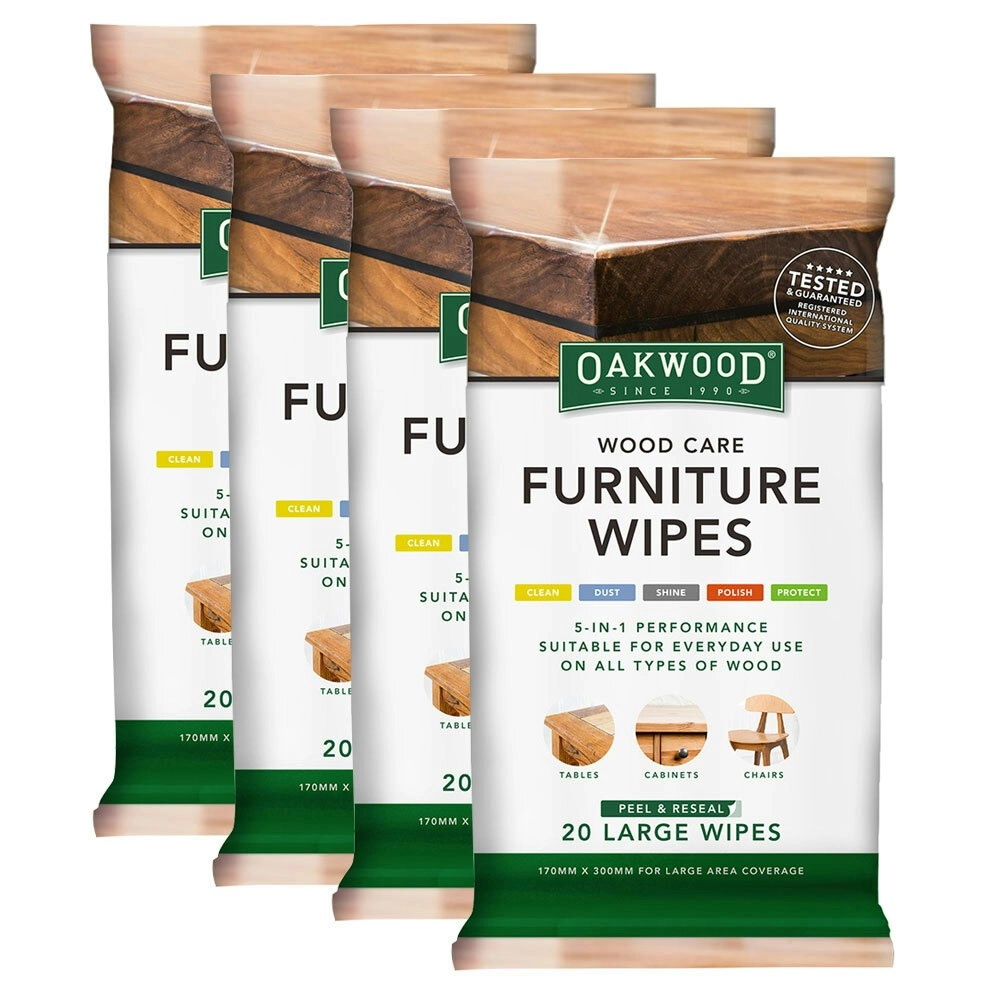 4x 20pc Oakwood Large Wood Care Furniture Wipes 170mmx300mm Natural Wood Cabinet