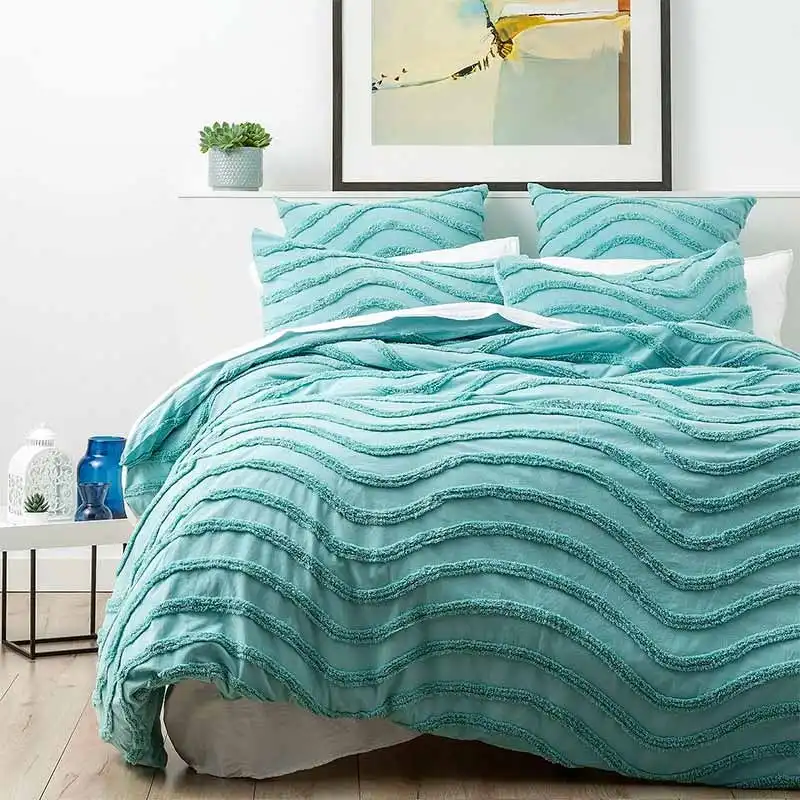 Cloud Linen Wave Cotton Chenille Aqua Vintage Washed Quilt Cover Set