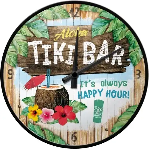 Nostalgic Art 30cm Tiki Bar Round Metal Frame Quartz Battery Operated Wall Clock