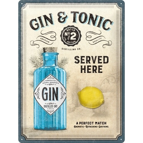 Nostalgic Art Gin & Tonic Served Here 30x40cm Large Metal Sign Bar Wall Decor