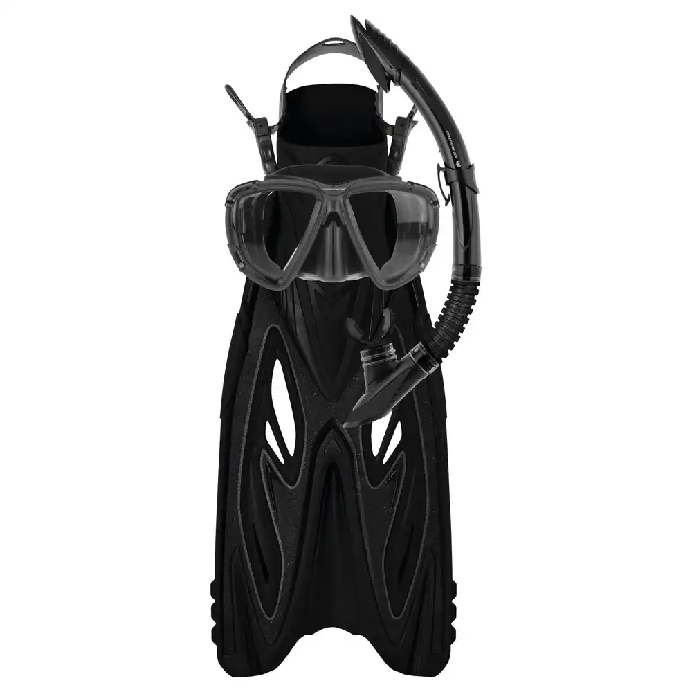 3pc Mirage Adult Rayzor Gold Swimming Beach Mask/Snorkel/Flipper Set Black L/XL