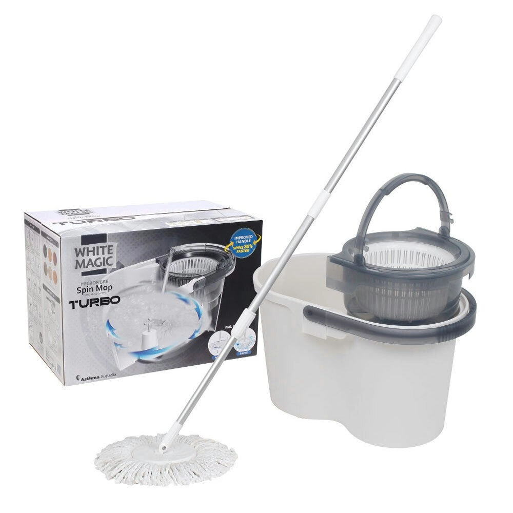 White Magic Hand Press Turbo Microfibre Spin Mop w/ Bucket Floor Surface Cleaner