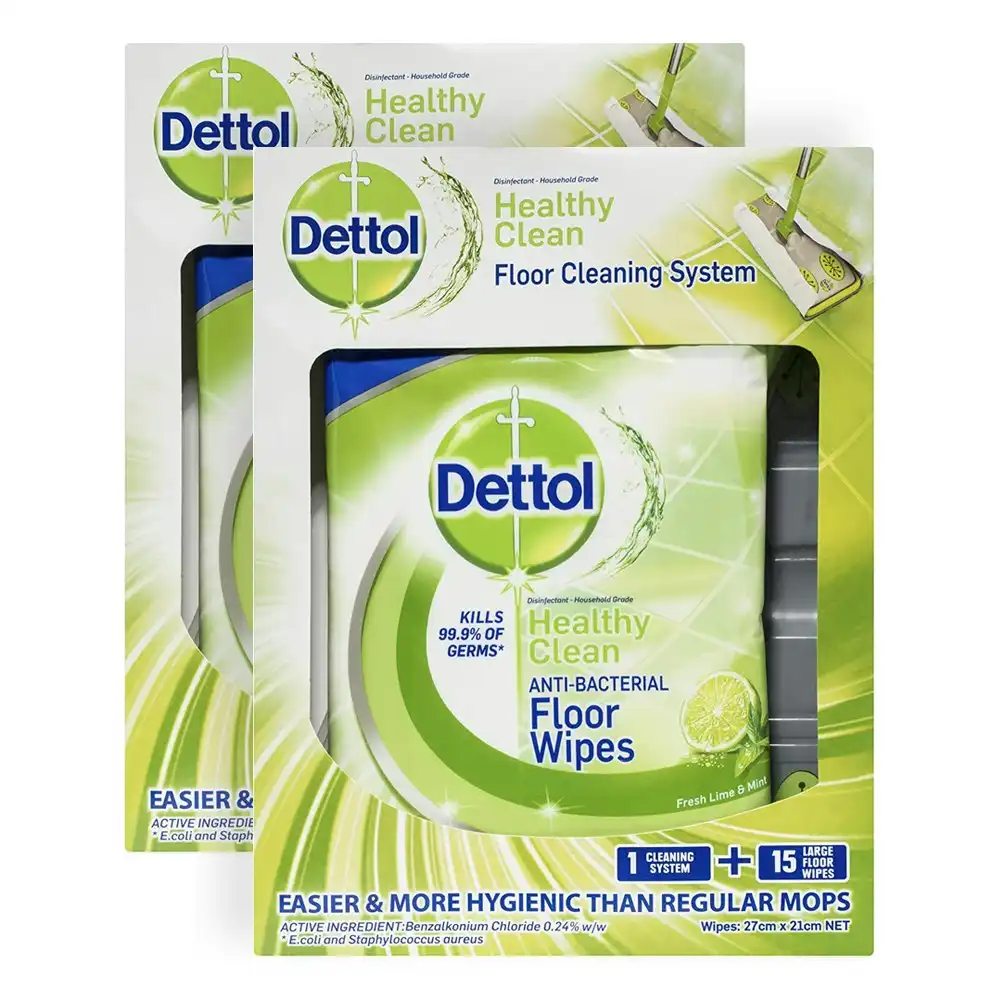 2x Dettol Healthy Clean Antibacterial Floor Wipe Cleaning System Fresh Lime Mint