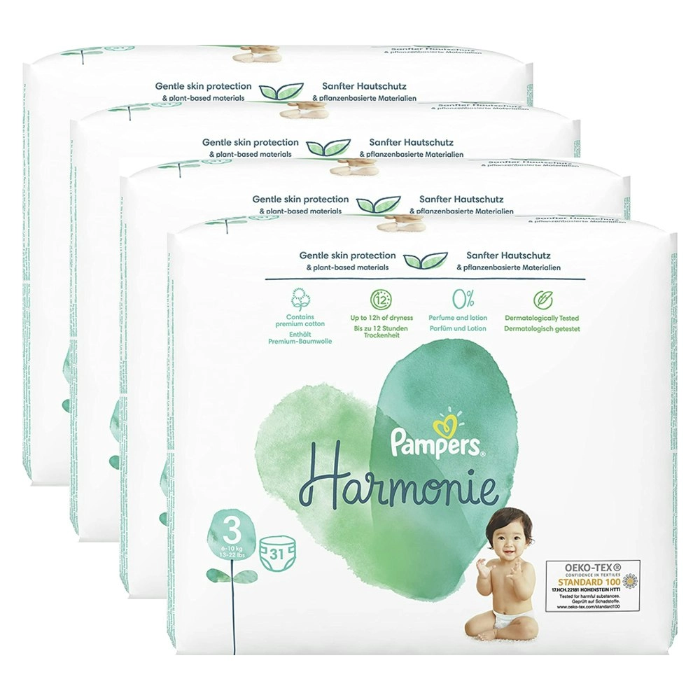 4x 31pc Pampers Harmonie Hypoallergenic Baby Nappies Unisex Diaper Size 3 6-10kg