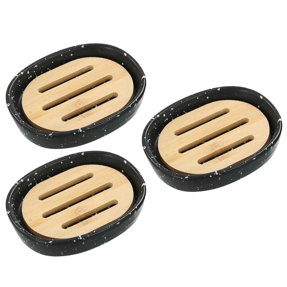 3x Boxsweden Bano 12.5x9.5cm Ceramic Soap Dish Holder w/ Bamboo Base BLK Speckle