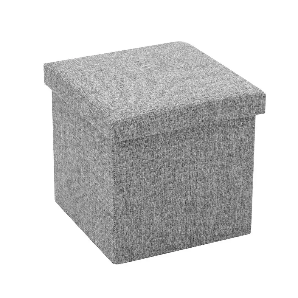 Boxsweden 38x36cm Ottoman Storage Cube Faux Linen Home Organiser/Stool Grey