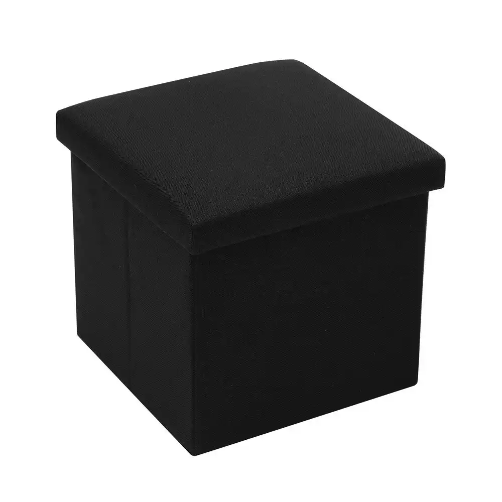 Boxsweden 38x36cm Ottoman Storage Cube Faux Linen Home Organiser/Stool Black